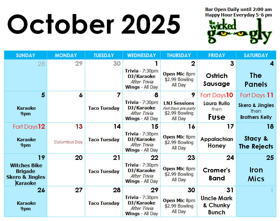 September 2025 activity/entertainment schedule