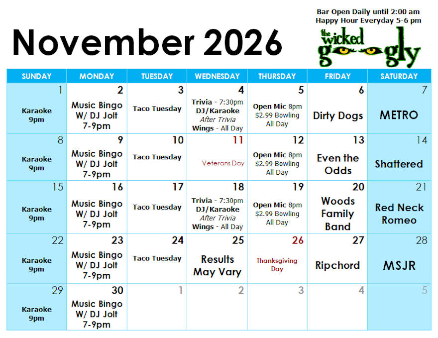 October 2026 activity/entertainment schedule